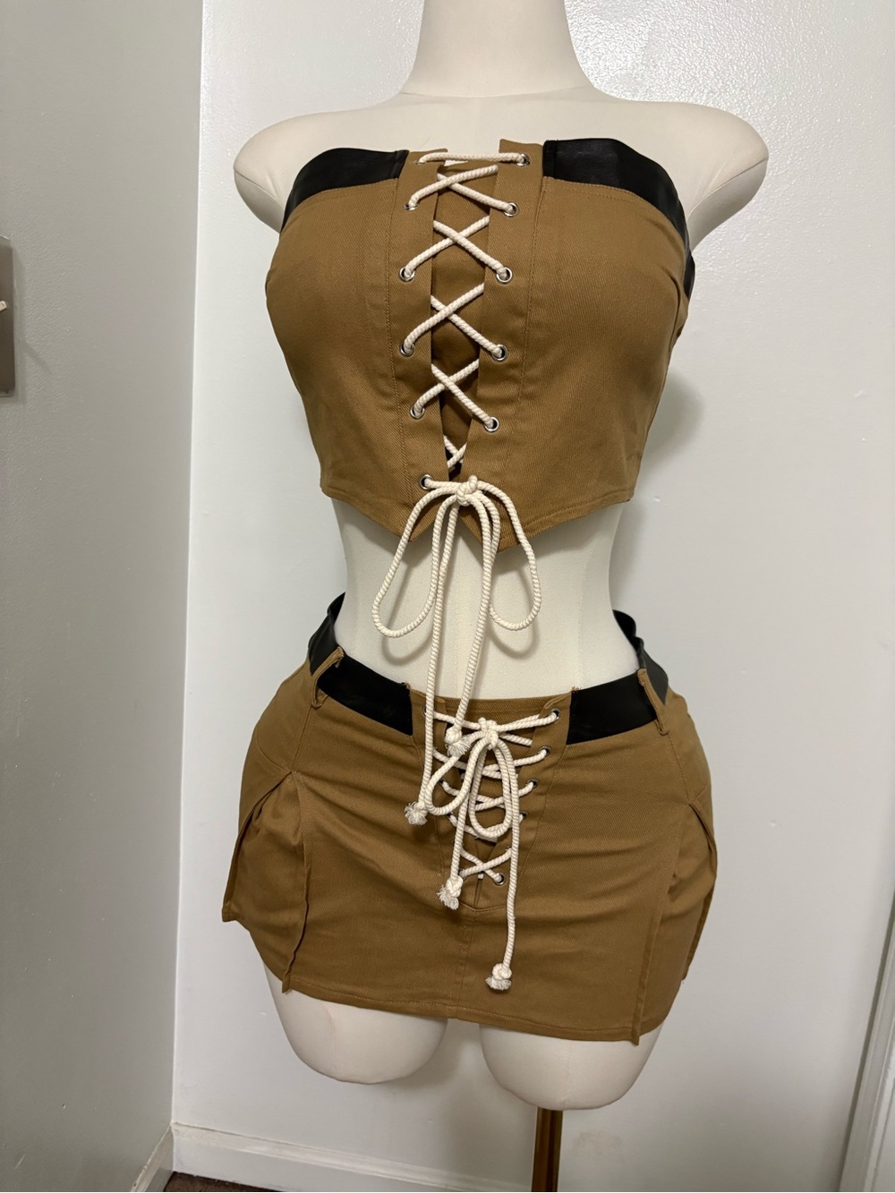 Fashion Nova Khaki Combo Two-Piece Skirt Set with Black Trim